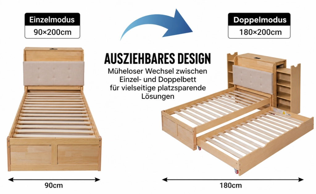 Letto estraibile 90 × 200 cm e 180 × 200 cm con ripiani laterali, presa USB et contenitore testiera, senza materasso, in legno ingegnerizzato, naturale