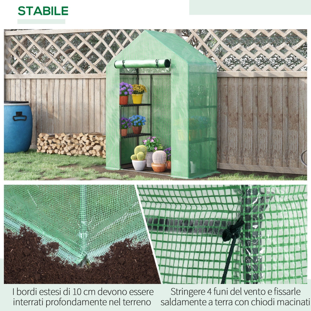 Serra da Giardino in Acciaio e Plastica PE con 4 Ripiani, Funi e Picchetti, 141x72x191 cm, Verde