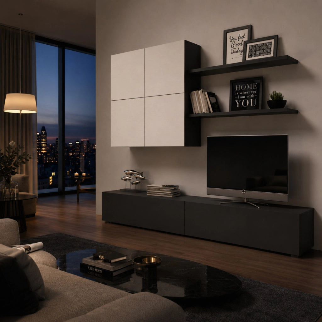 Parete Attrezzata Per Soggiorno Con Mobile Base TV 2 Ante Pensile 4 Ante E 2 Mensole Stile Contemporaneo In Melaminico Facile Da Pulire Bianco E Grigio Grafite