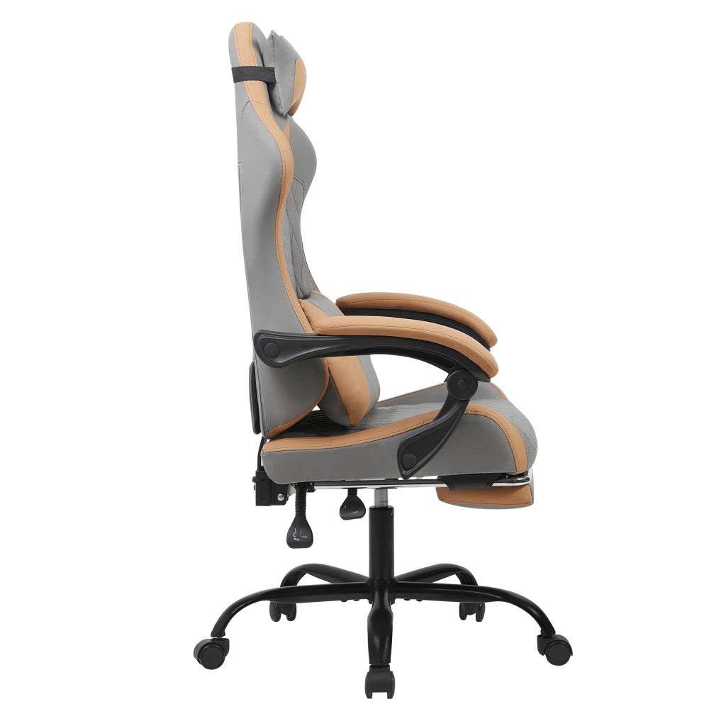 Sedia gaming ergonomica in PVC grigio e marrone con schienale imbottito, tasca posteriore e base in metallo KD