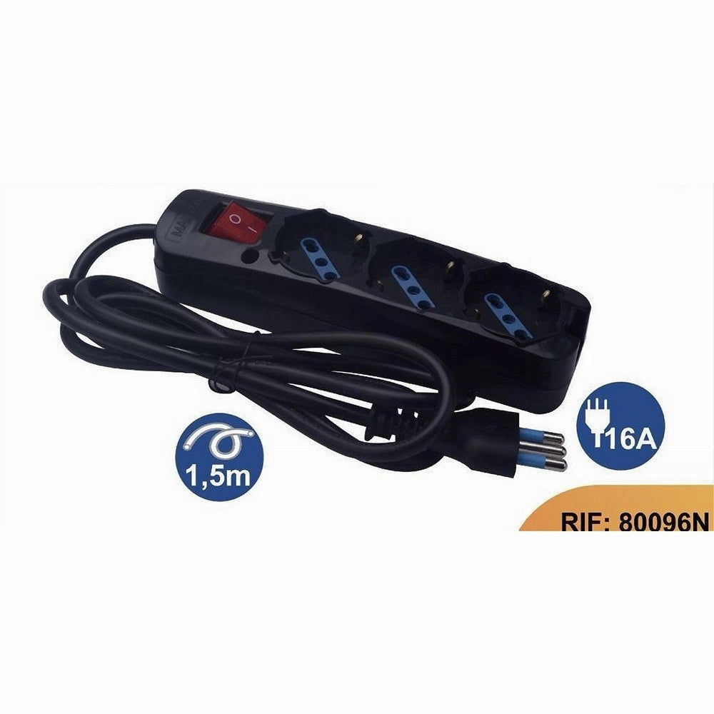 Trade Shop - Multipresa Nera Cavo 1,5mt Spina 16a + 3 Uscite Schuko Protezione Bambini 80096n -