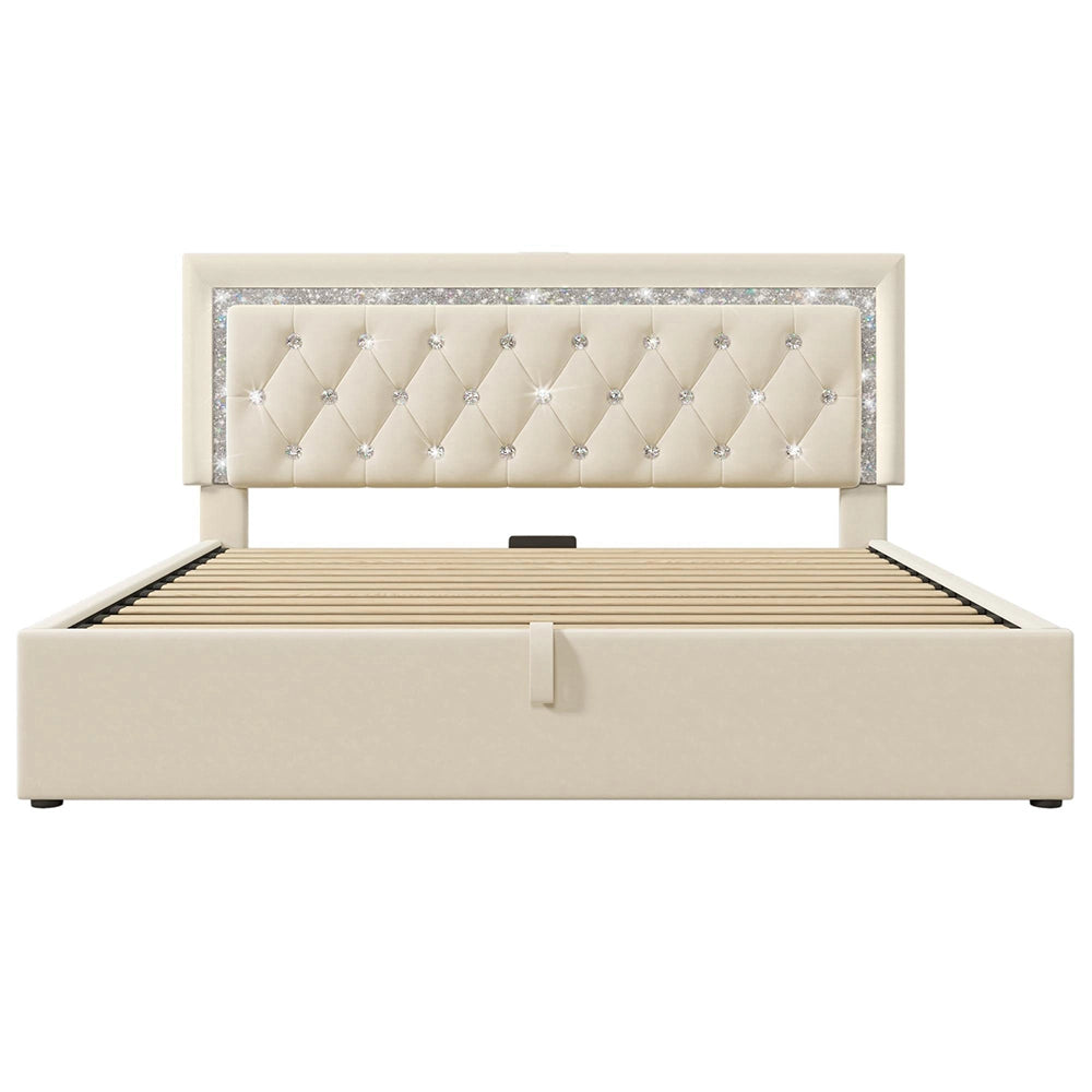 Letto imbottito-Xylo-140x200cm LED diamante USB-C idraulico velluto beige senza materasso