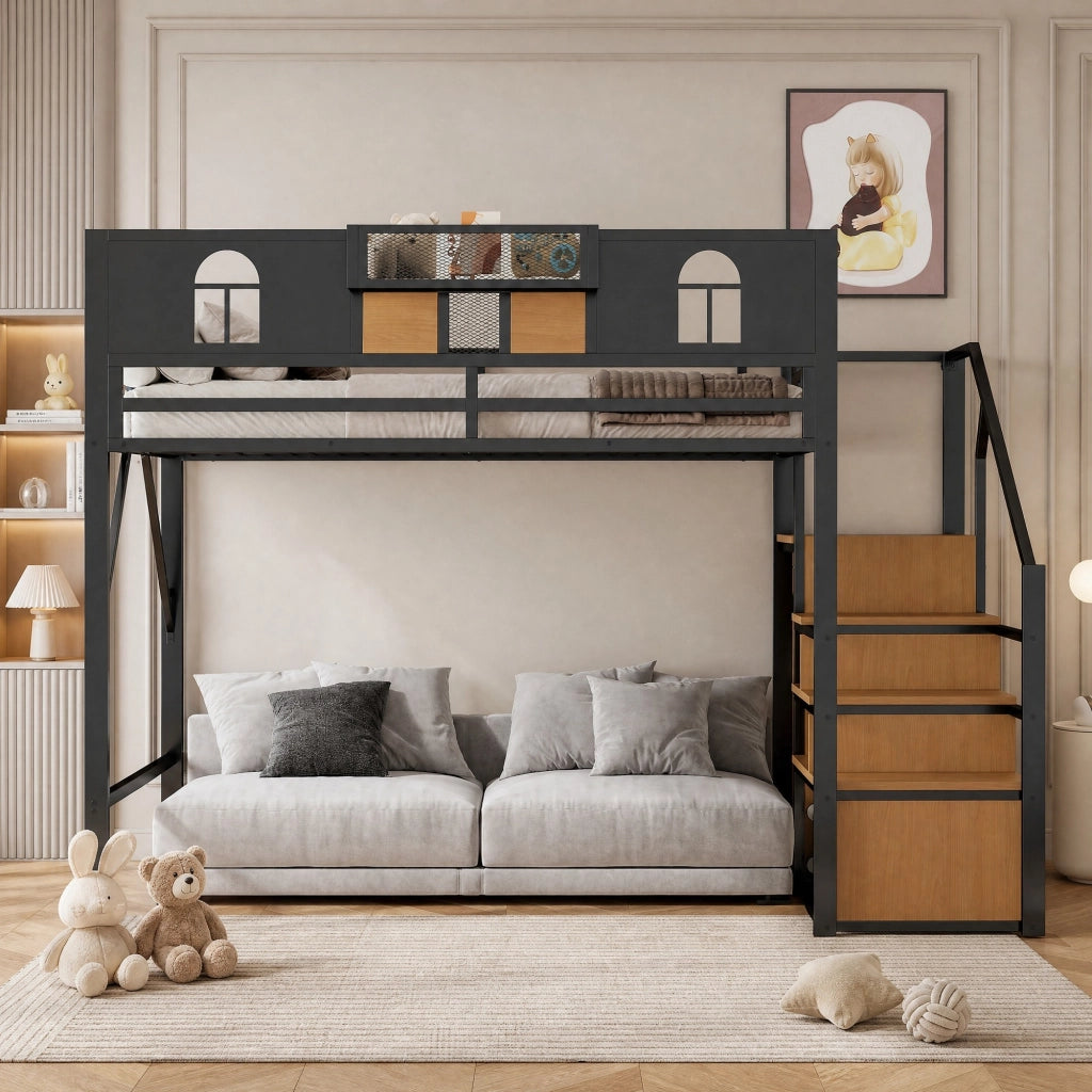 Letto a soppalco in metallo 140x200 cm con scala contenitore; ripiano laterale e colore nero