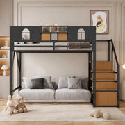 Letto a soppalco in metallo 140x200 cm con scala contenitore; ripiano laterale e colore nero