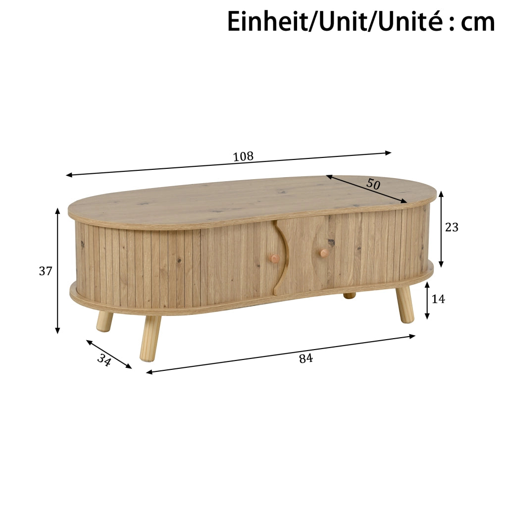Tavolino da Salotto a Forma di Pisello con 2 Ante Scorrevoli ¨C MINIMAL ¨C MDF, Gambe in Legno Massello