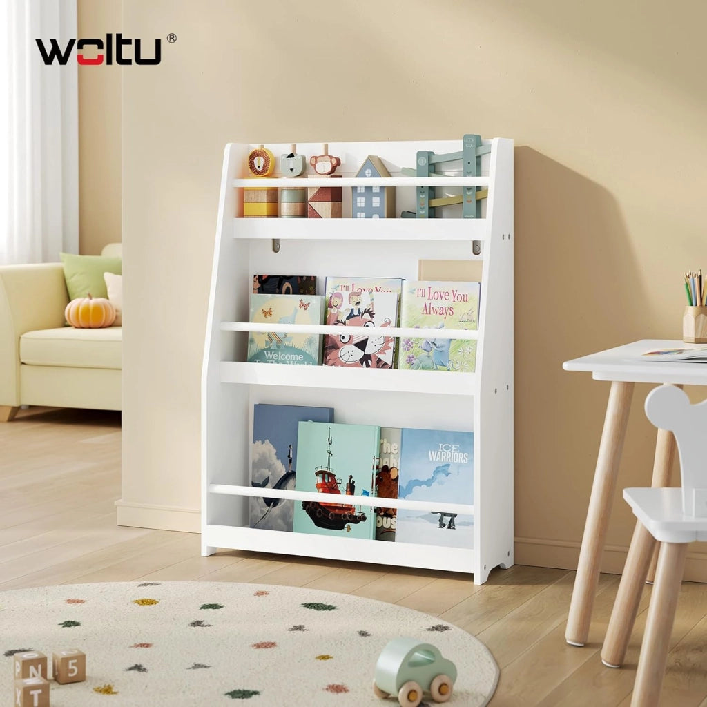 Libreria Montessoriana per Bambini, Scaffale Porta Libri e Giocattoli a 3 Ripiani, Organizzatore per Cameretta dei Bimbi, in MDF e Legno di Pino, Bianco