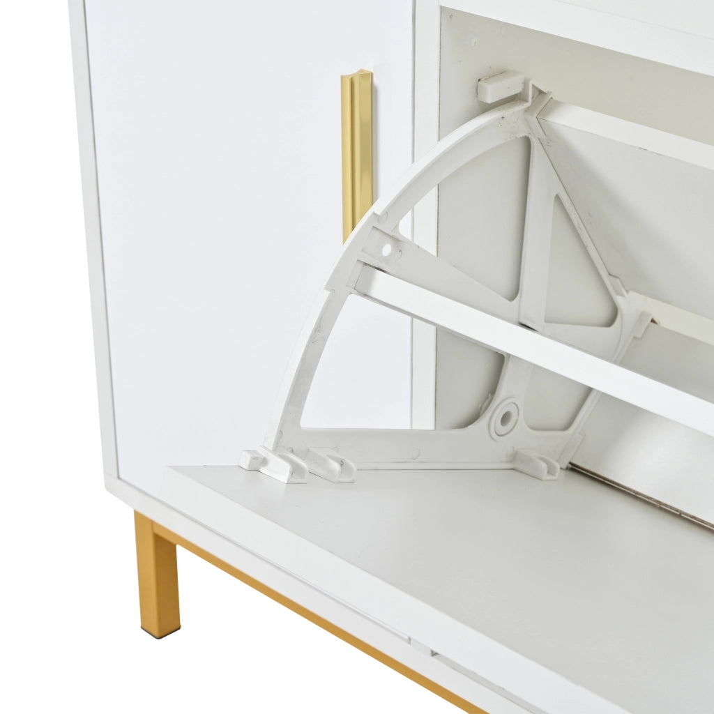 Panca scarpiera 100x38x68 cm con seduta imbottita e ante a ribalta in truciolato e metallo bianco e oro
