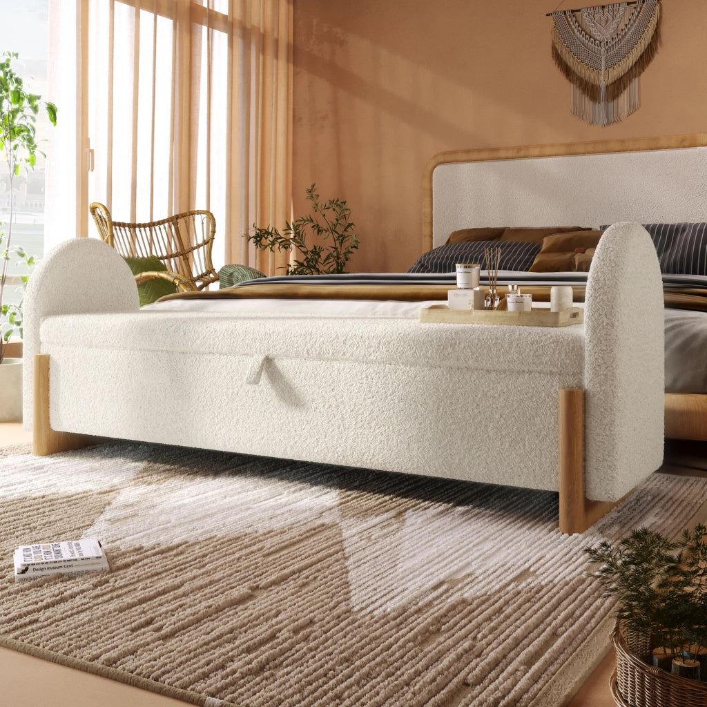 Panca contenitore con apertura ammortizzata e gambe in legno - in bouclé bianco
