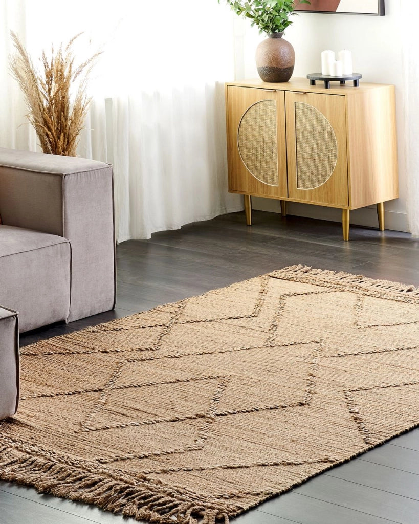 Tappeto Beige Juta 160 x 230 cm Tessuto a mano Linee geometriche con nappe Stile naturale Boho Tessile