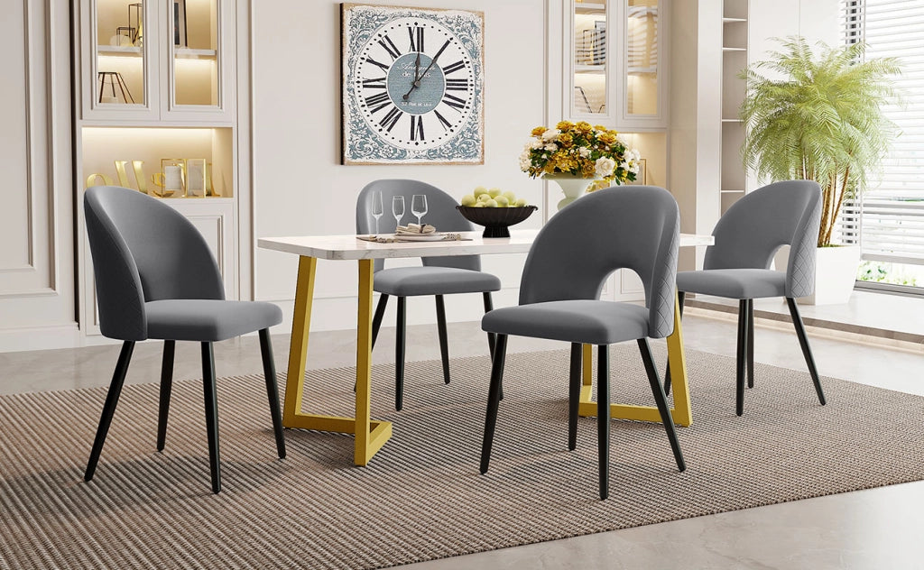 Tavolo da pranzo con 4 sedie in velluto grigio, gambe regolabili e schienale a rombi, 117 × 68 × 75 cm