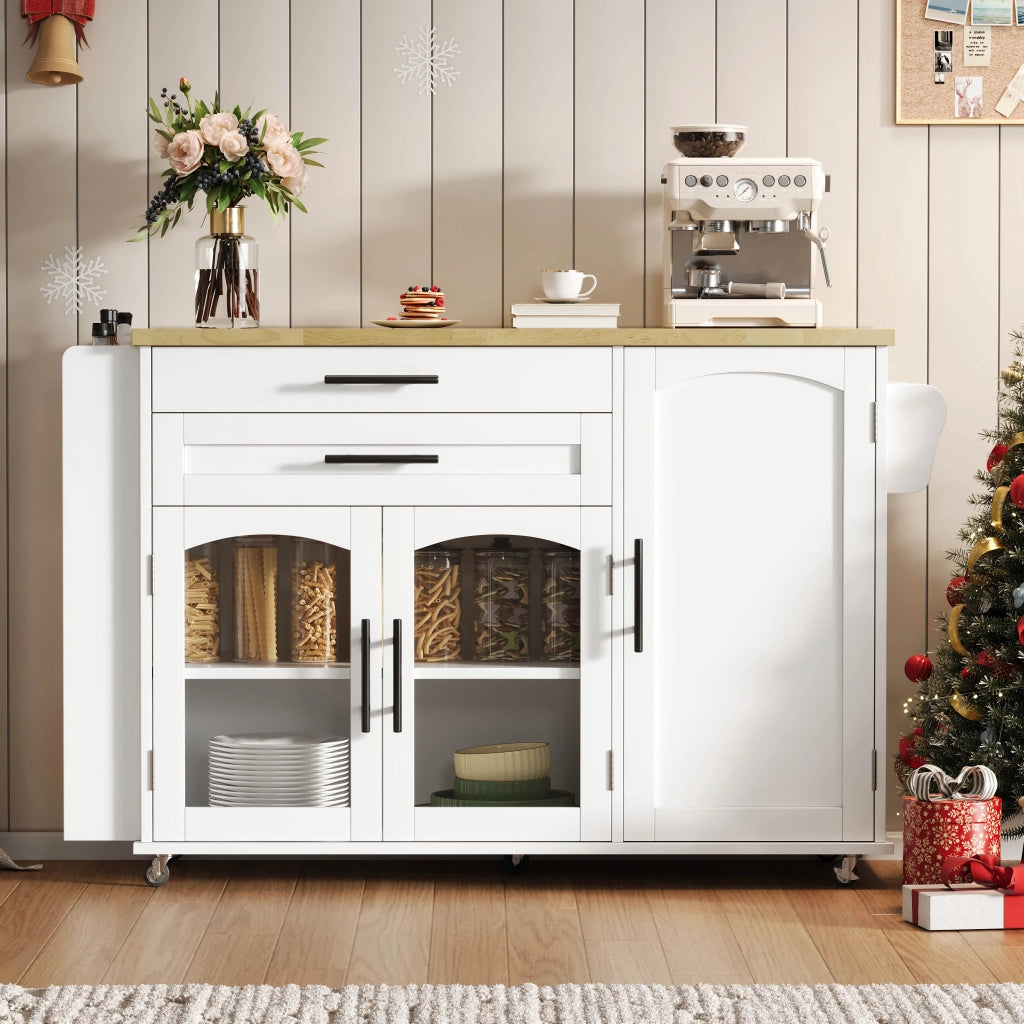 Carrello da Cucina con 2 Ante in Vetro; 2 Cassetti; Piano Ribaltabile e 5 Ruote; in MDF; 120 x 45(70) x 90 cm