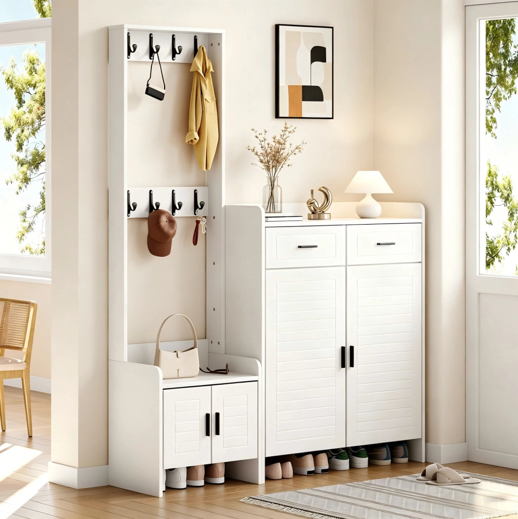Mobile da ingresso bianco 125x32x165 cm con 2 cassetti， 8 ganci e vani