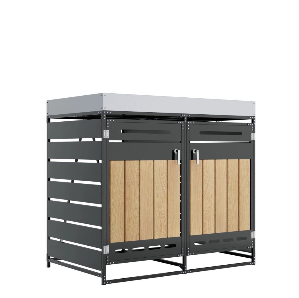 Box portapattumiere da esterno doppia in ferro nero con fioriera e serrature; 131x79x120 cm
