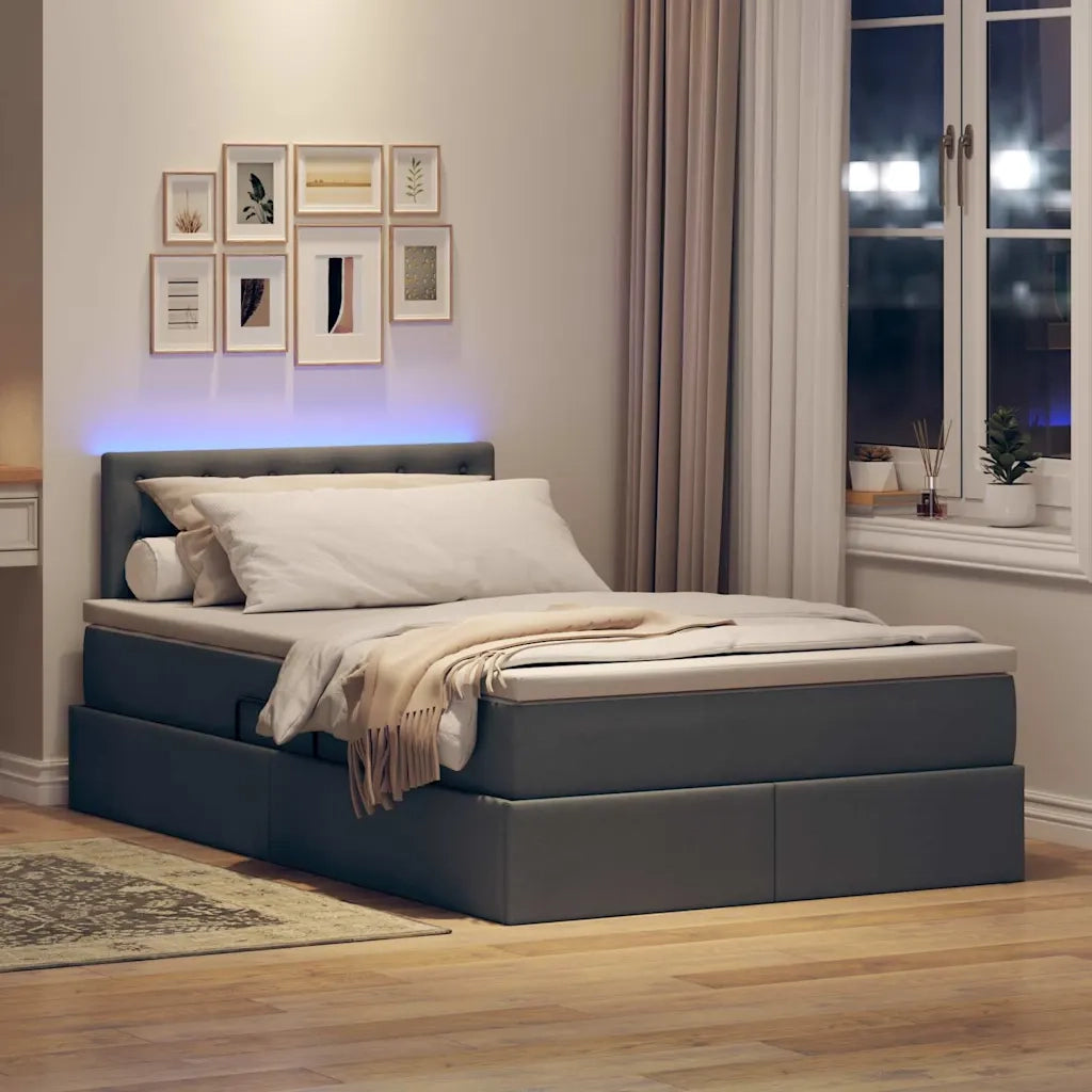 Letto con contenitore e LED Grigio scuro 120 x 200 cm Tessuto