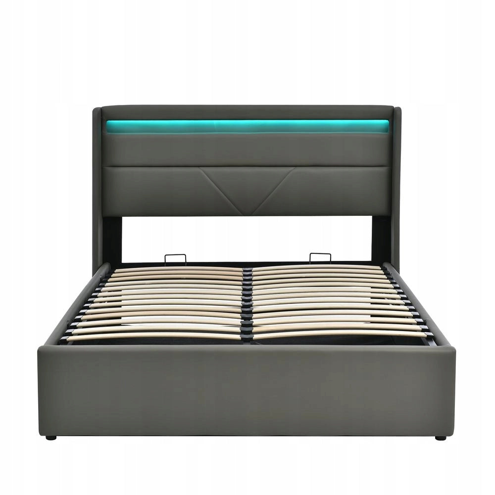 Letto 140x200 LED con testiera comoda - Xylo - Grigio con testiera comoda e sistema di sollevamento idraulico