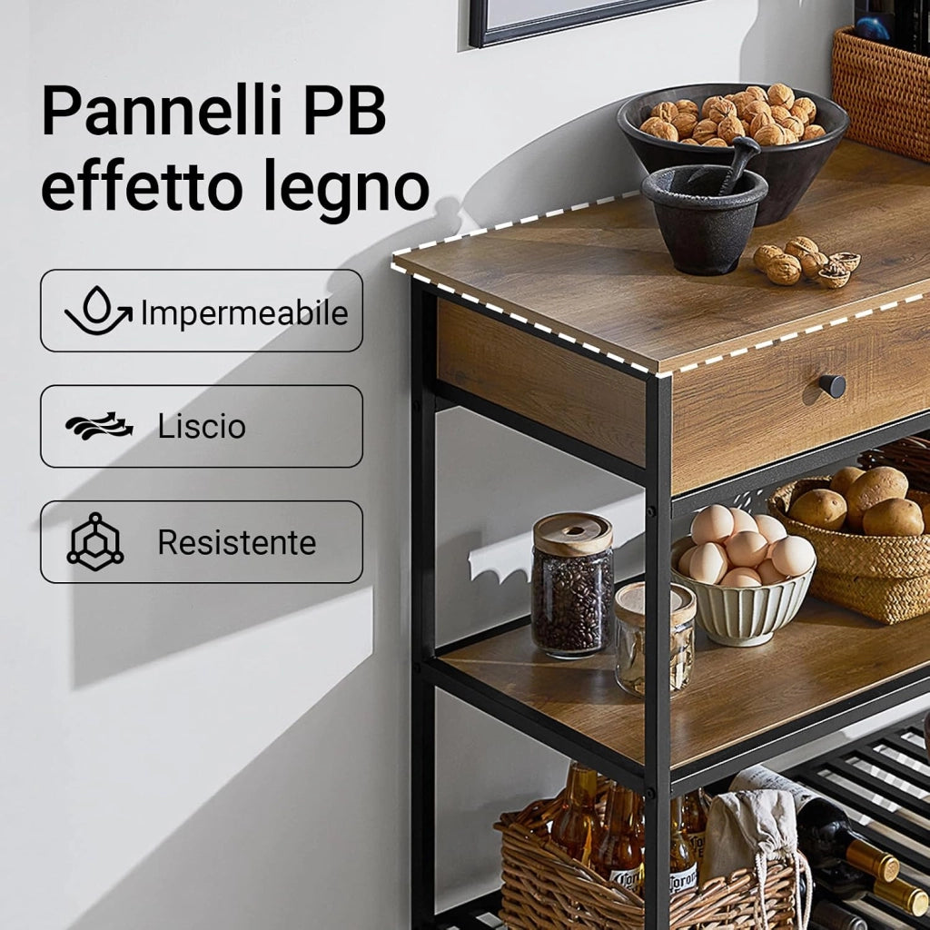 Carrello da Cucina e Mobile Cucina Salvaspazio con 2 Cassetti e 2 Ripiani – Mobiletto con Ruote Stile Industriale, Credenza Compatta per Ingresso, Cucina o Soggiorno 100x45x93cm FKW112-PF
