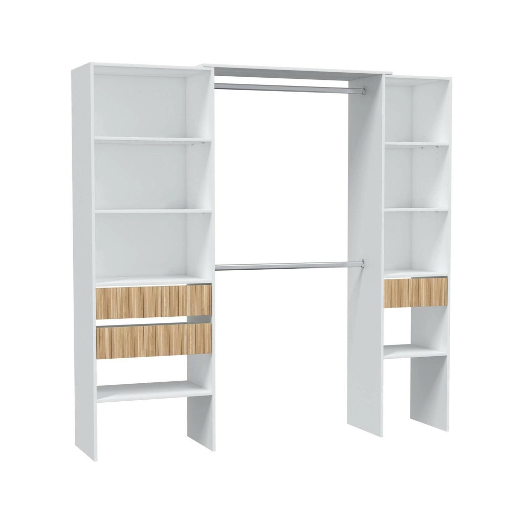 Guardaroba Ary, Mobile camera da letto, Armadio appendiabiti con ripiani e 3 cassetti, 196x40h187 cm, Bianco e Rovere