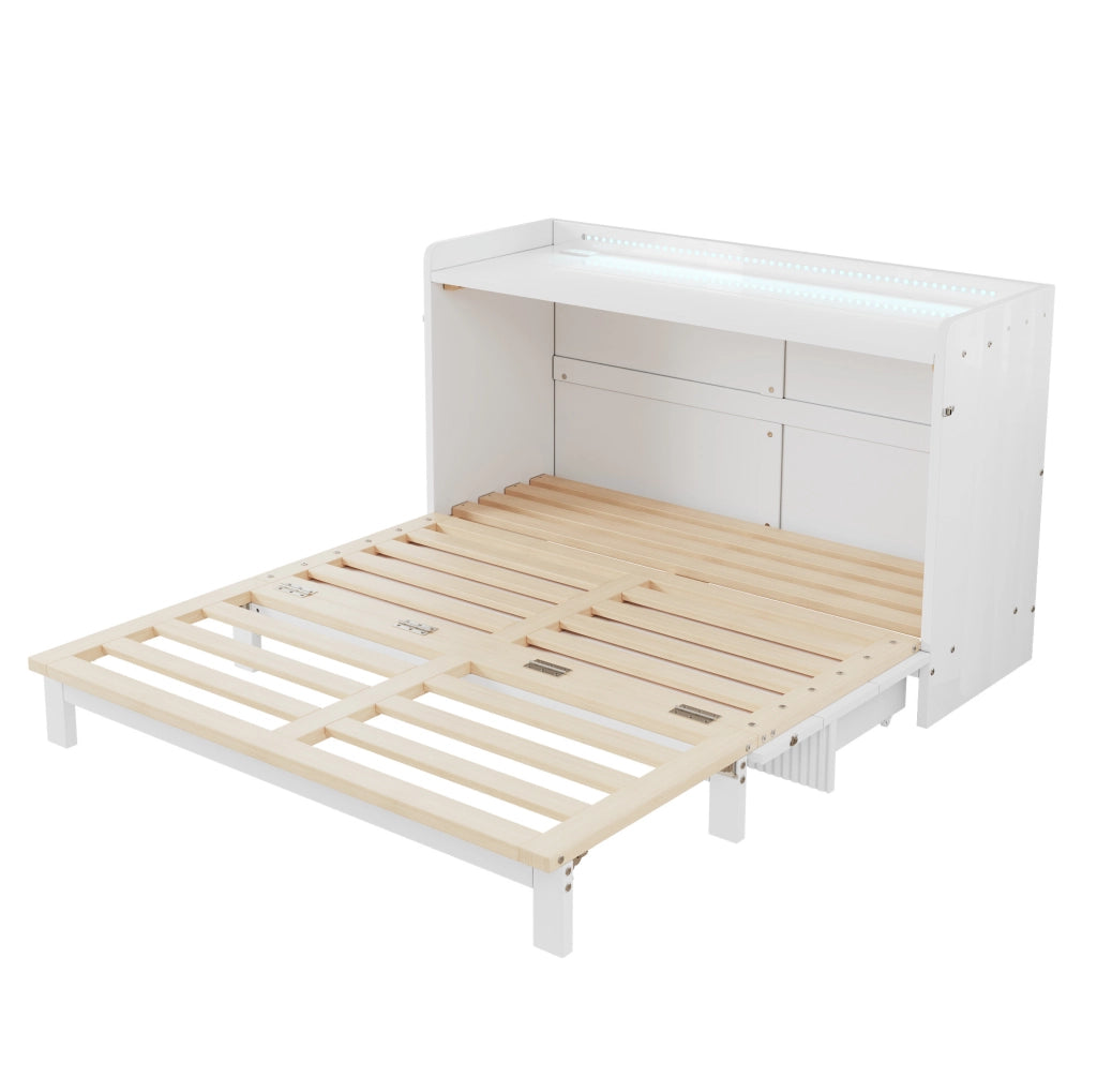 Letto pieghevole a scomparsa 140x200 cm con cassetti; LED; USB e presa; bianco