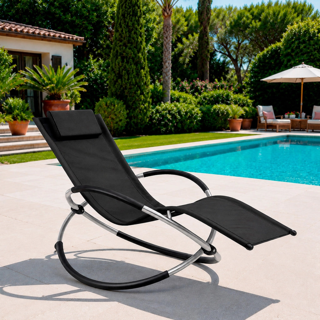 Dondolo Reclinabile Da Giardino Con Poggiatesta Removibile In Textilene Traspirante Telaio Metallo Relax Outdoor 73 x 150 x 93 Cm Nero