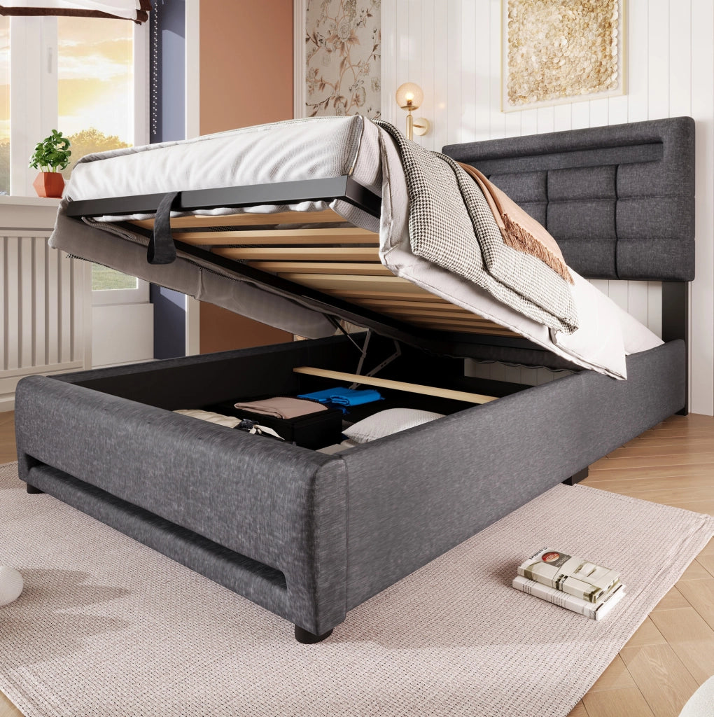Letto imbottito grigio 90 x 200 cm con LED APP, vano idraulico e USB