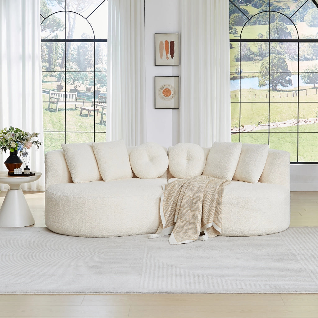 Divano modulare in chenille con schienale continuo e 6 cuscini forma curva a due moduli beige per soggiorno e sala giochi