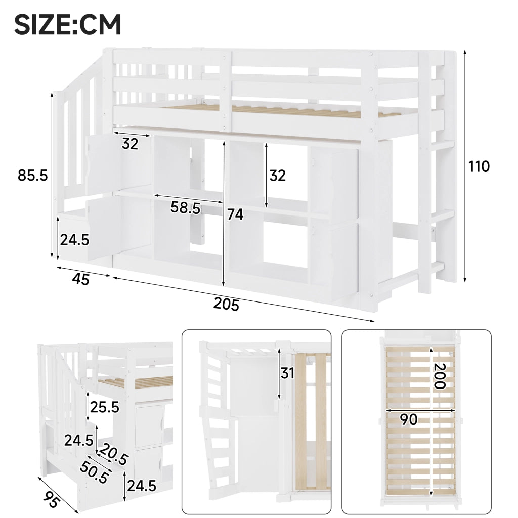 Letto a soppalco 90x200 cm con scala contenitore e LED in legno bianco