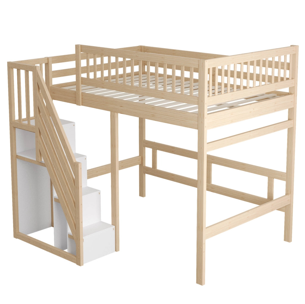 Letto in Legno Massello 140x200 cm con Scala Contenitore e Sponda Alta, Letto Bambini e Ragazzi Colore Legno