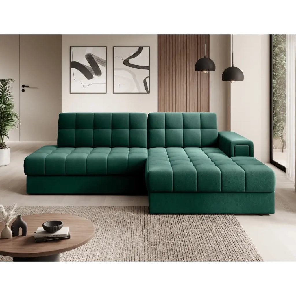 Divano angolare trasformabile CUBITO verde 240 cm con contenitore e letto