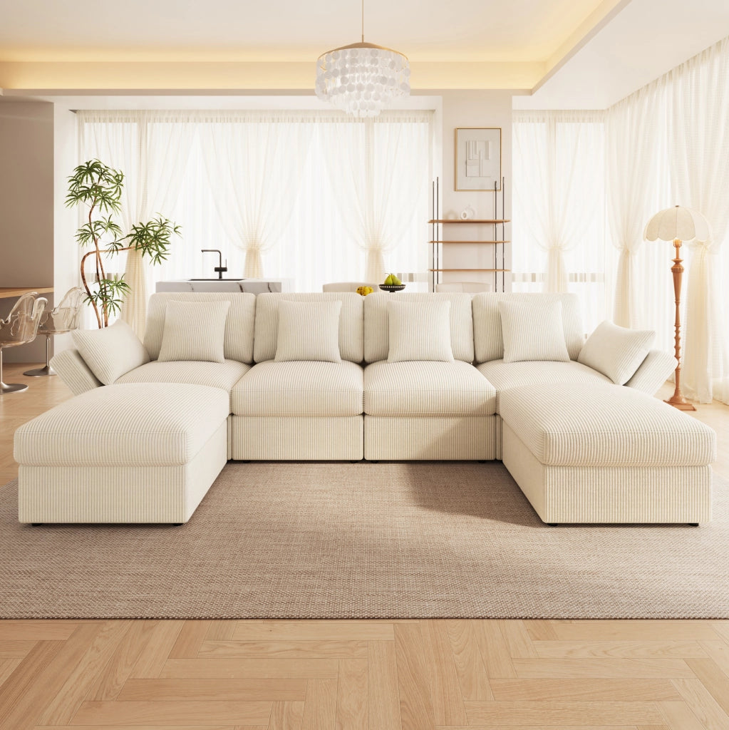 Divano angolare modulare a U in velluto a coste beige con pouf e braccioli regolabili