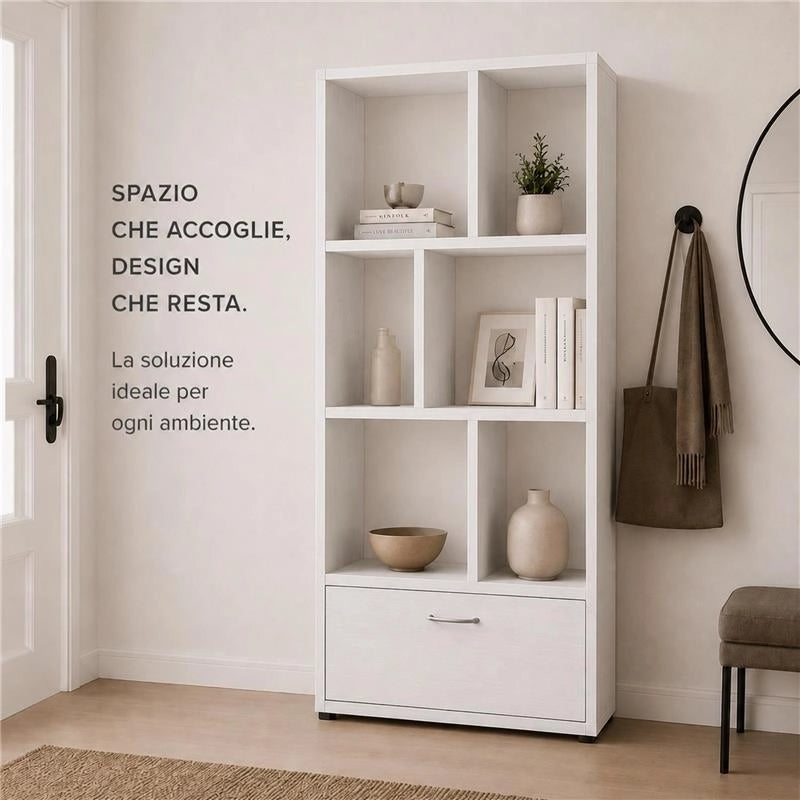LIBRERIA IN LEGNO BIANCO MODERNA CON 6 RIPIANI SFALSATI E UN CASSETTO DIMENSIONI 70X24X140 CM