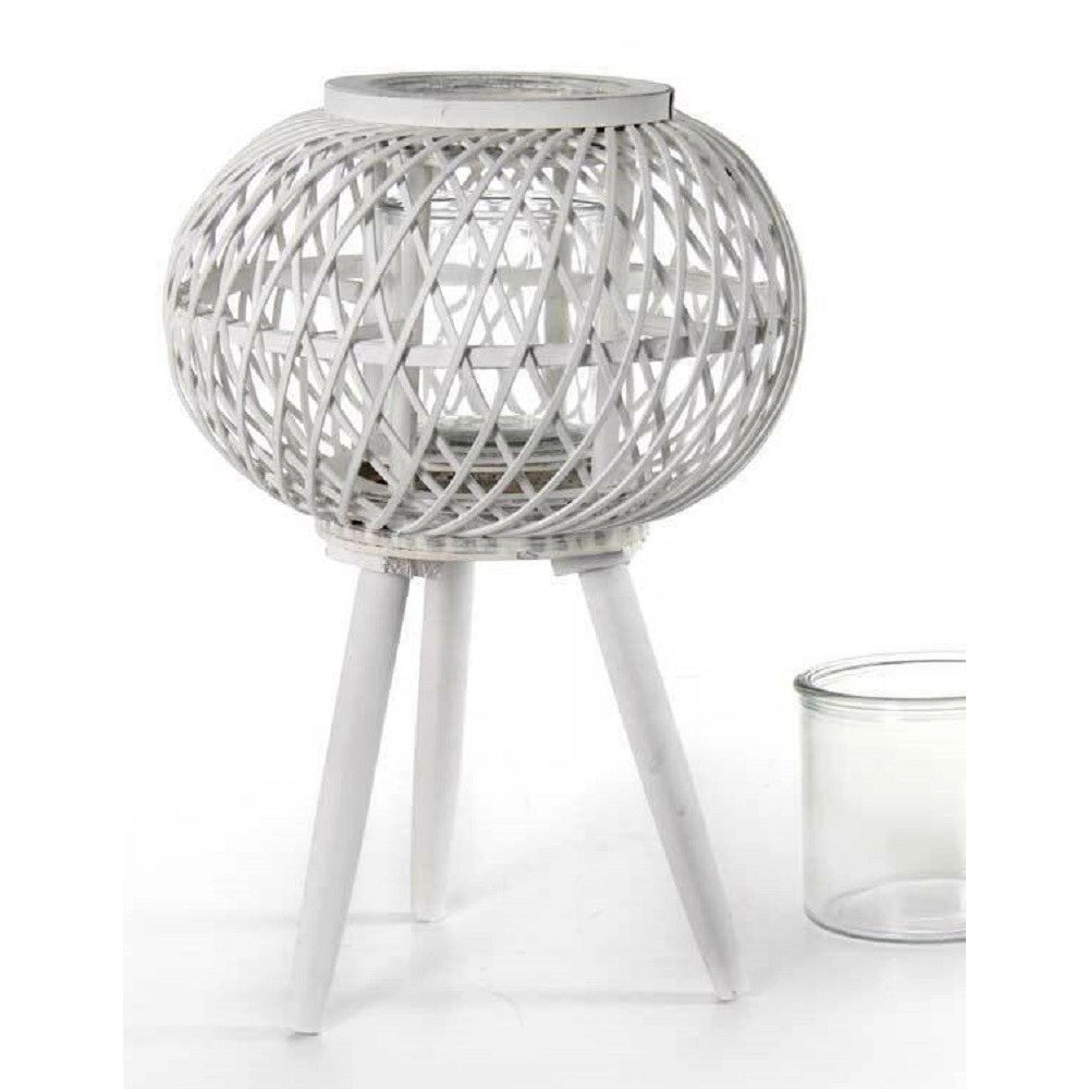 Trade Shop - Lanterna Portacandela Con Piedi Tonda 17x46cm In Legno Bambù Vetro Bianco 777929 -