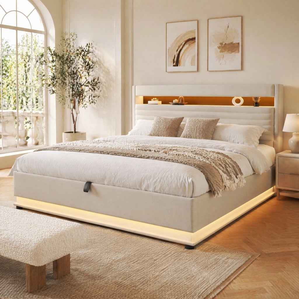 Letto matrimoniale imbottito 180x200 cm in lino beige con contenitore; LED e USB-C