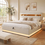 Letto matrimoniale imbottito 180x200 cm in lino beige con contenitore; LED e USB-C
