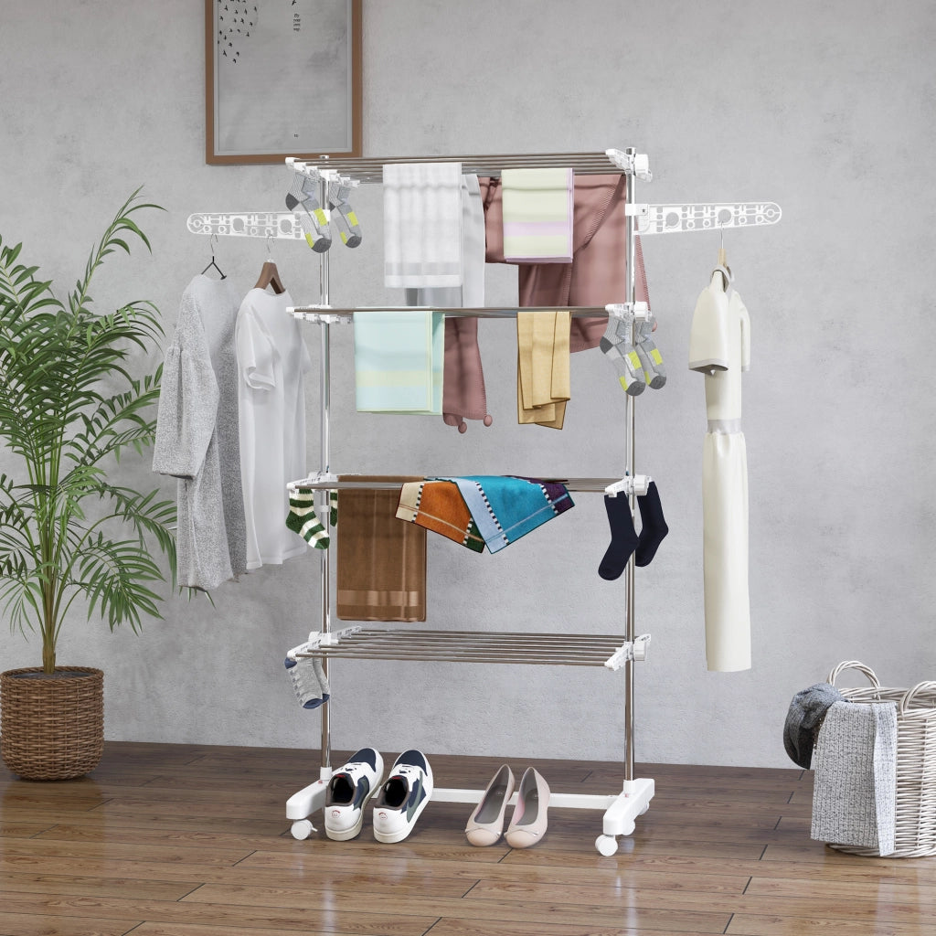 Stendino Verticale Pieghevole in Acciaio e Plastica con 6 Ruote e 4 Ripiani Regolabili, 142x55x172 cm