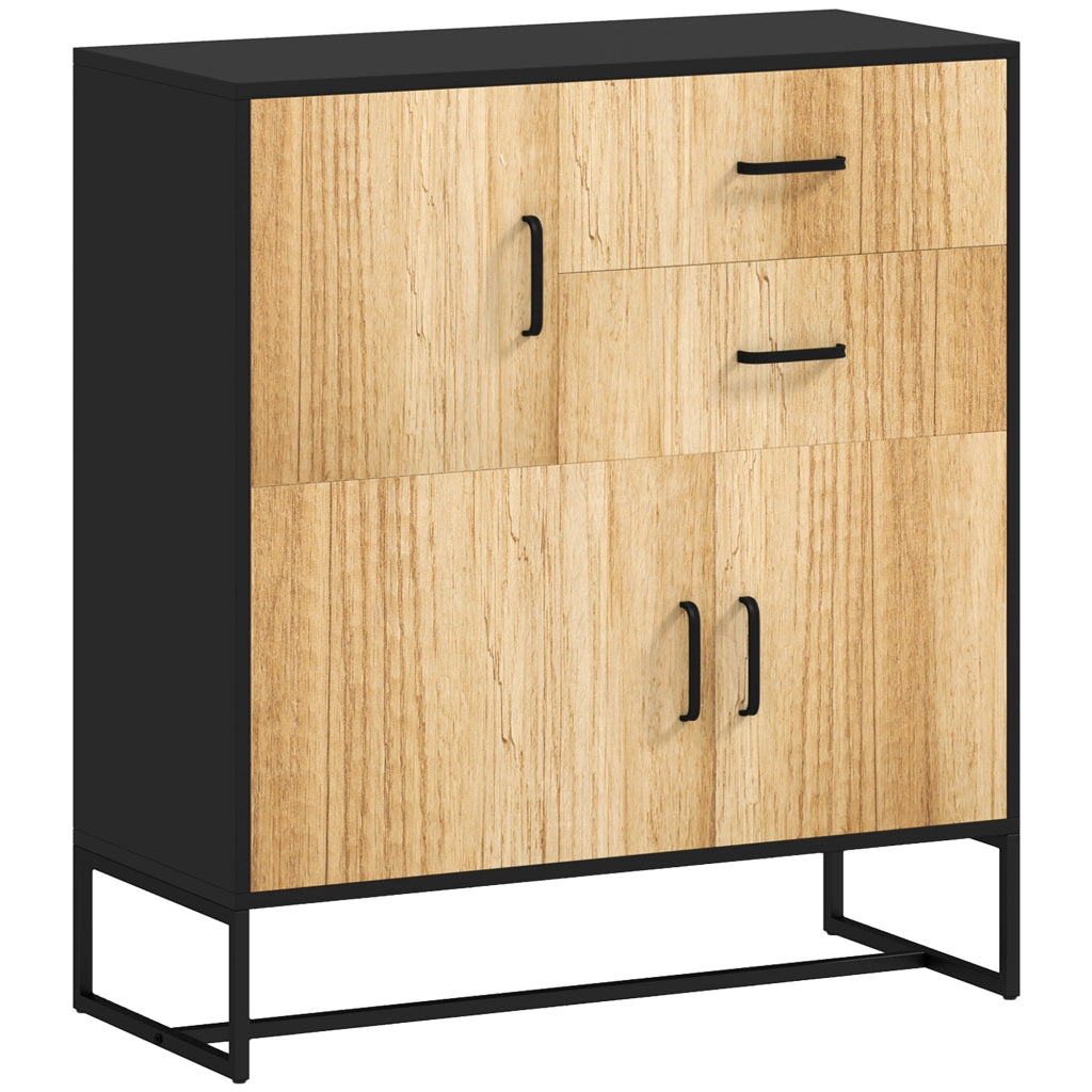 Credenza Moderna Portaoggetti con 3 Armadietti e 2 Cassetti, Mobiletto Multiuso in Truciolato e Acciaio, 80x35x85 cm, Nero e Color Legno