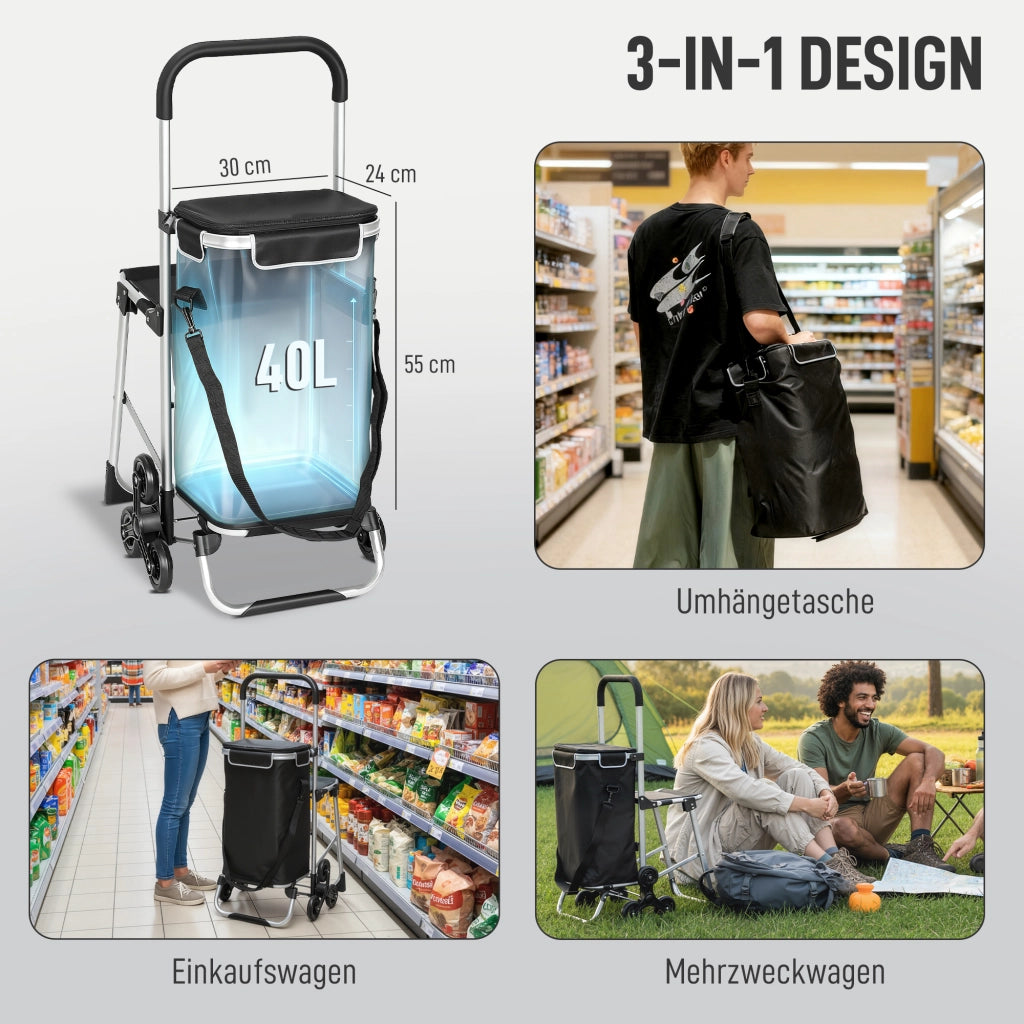 Carrello Spesa con Sedile 40L ¨C Xylo ¨C 3 Ruote Telaio Alluminio Grigio