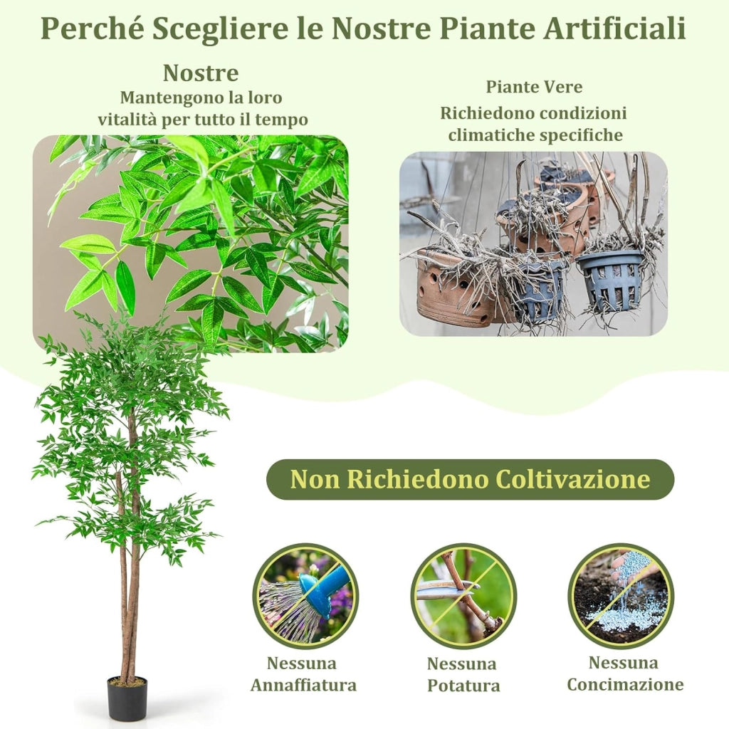 Albero di Bamboo Artificiale 150 CM, Pianta di Bamboo Finta con 1020 Foglie, Tronco in Legno Naturale, Muschio Secco Realistico, Albero Finto Alto da Interno per Casa, Ufficio e Soggiorno
