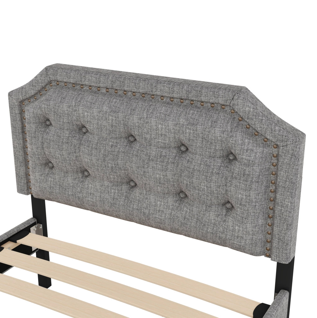 Letto imbottito 90x200 cm; con cassetti; MDF e lino; grigio