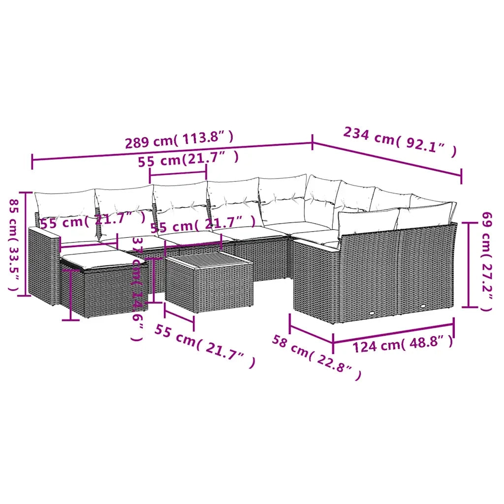 Set Divani da Giardino 11 pz con Cuscini Grigio in Polyrattan 3226565