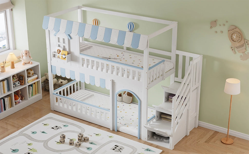 DESMIU Letto a castello per bambini 90 × 200 cm con scala contenitore, sponde di sicurezza, senza materasso, bianco blu