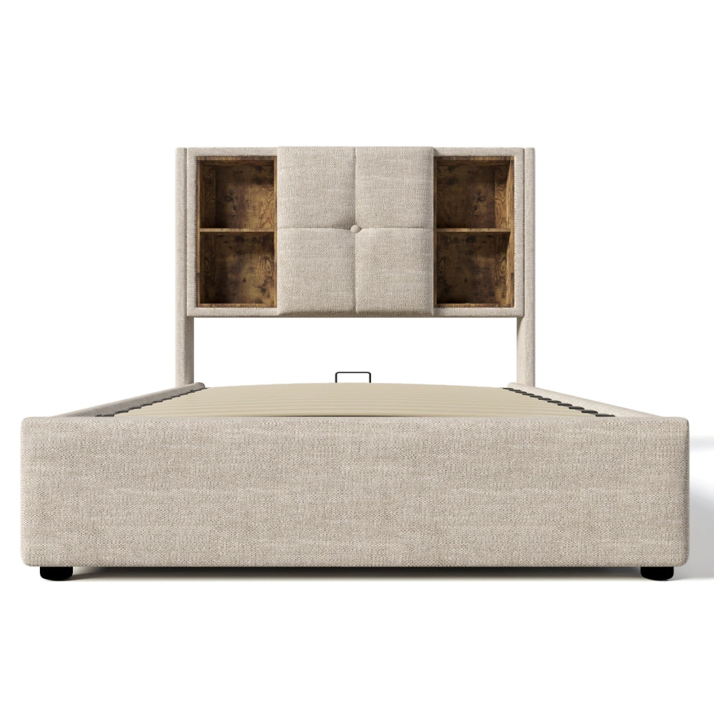 Letto singolo 90x200 cm con ricarica wireless; USB C e contenitore; lino naturale