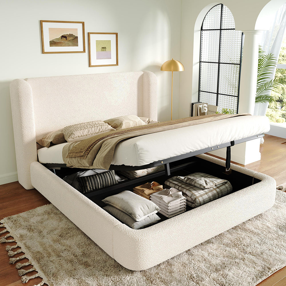 Letto doppio imbottito 160x200cm - Xylo - bouclé beige idraulico