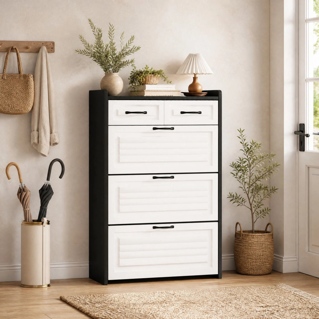 Scarpiera con 3 ripiani girevoli e 2 cassetti in truciolare bianco e nero 80 × 23,5 × 131 cm