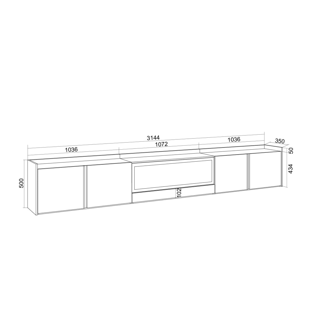 Mobile TV Soggiorno, 315x50x35 cm, Per TV fino a 80", Camino elettrico XXL, Sospeso, da appendere, LED, Nero e rovere