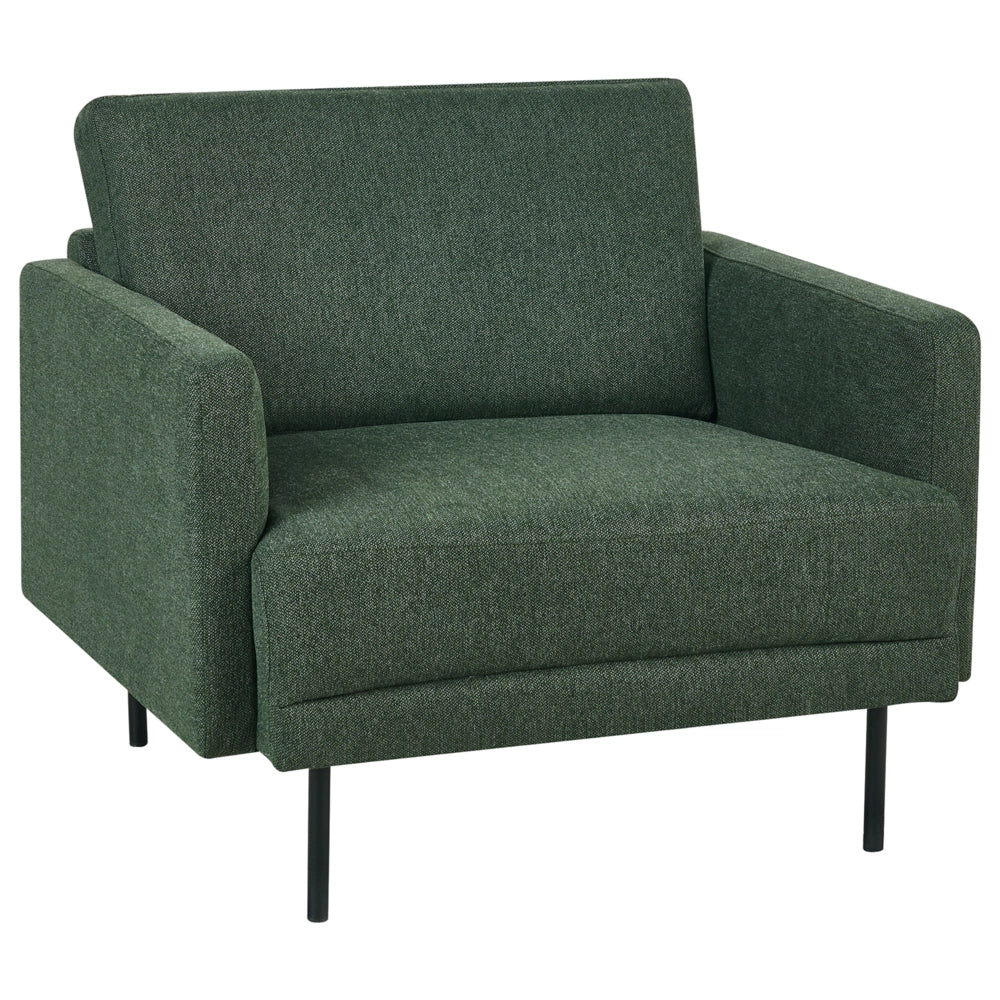 Poltrona moderna imbottita in tessuto verde scuro con gambe in metallo stile moderno e minimalista