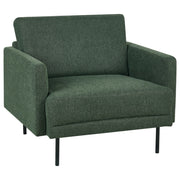 Poltrona moderna imbottita in tessuto verde scuro con gambe in metallo stile moderno e minimalista