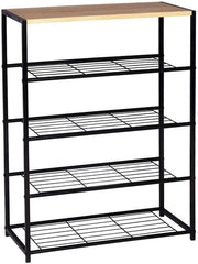 Sistema di conservazione delle scarpe con sedile - Bancopiedi 4 strati - Struttura in metallo - Sedile in legno - Impermeabile e spazievitore - Cassaforte per scarpe per ingresso, soggiorno o camera da letto - 63x30x87 cm - Nero/Legno