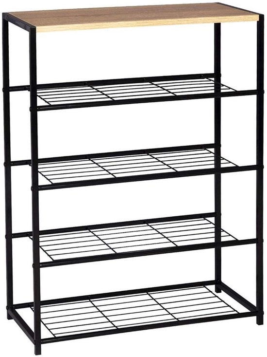 Sistema di conservazione delle scarpe con sedile - Bancopiedi 4 strati - Struttura in metallo - Sedile in legno - Impermeabile e spazievitore - Cassaforte per scarpe per ingresso, soggiorno o camera da letto - 63x30x87 cm - Nero/Legno