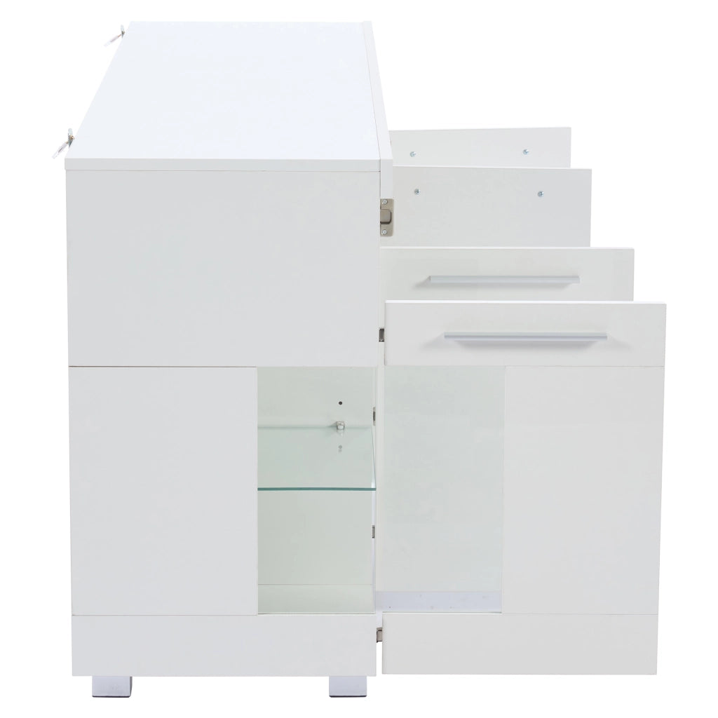 Credenza e madia con LED e ante in vetro temperato, 3 cassetti e 6 vani, per soggiorno, bianco, 140 × 40 × 70 cm