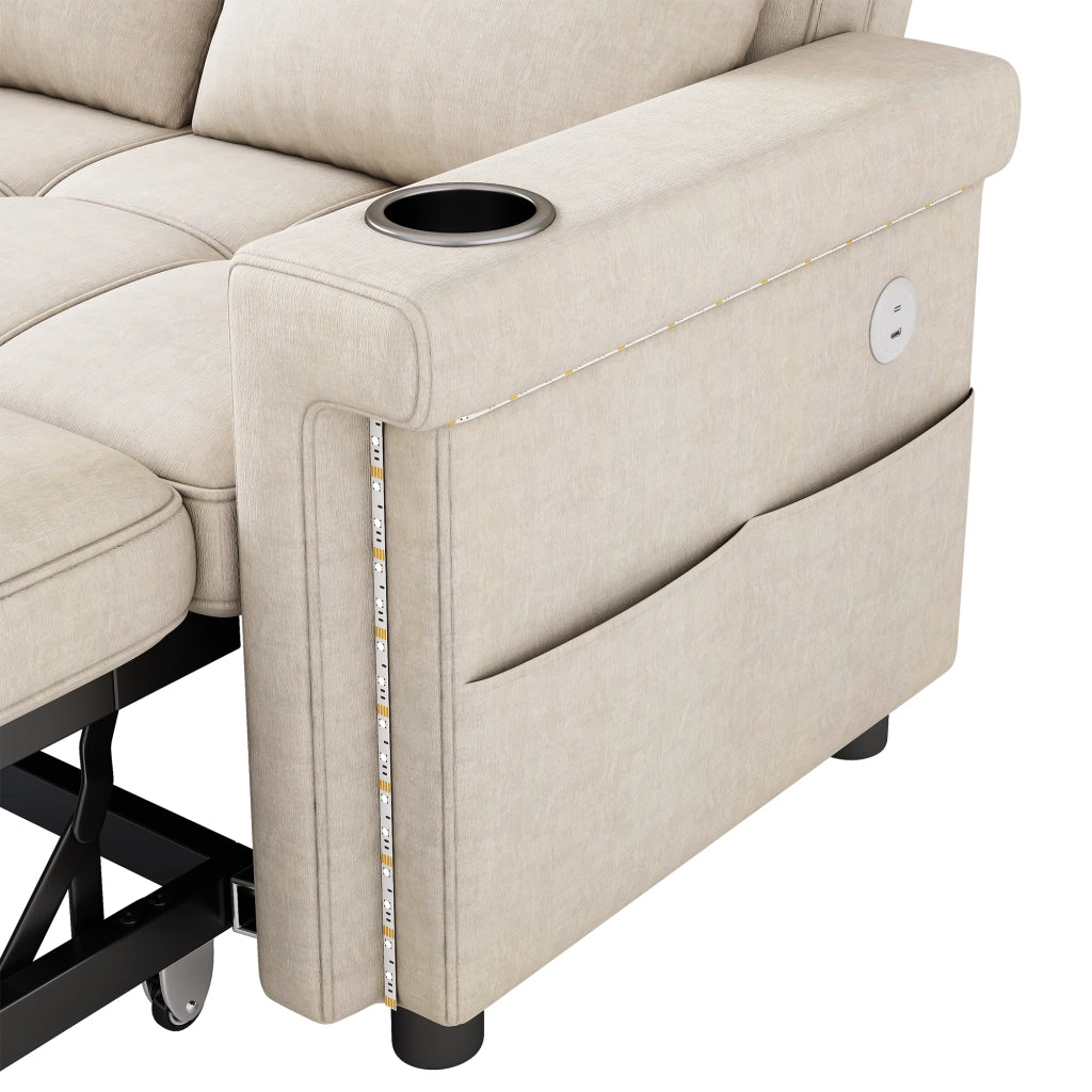 Divano letto 2 posti - con schienale regolabile; LED; USB e portabicchieri - in chenille beige